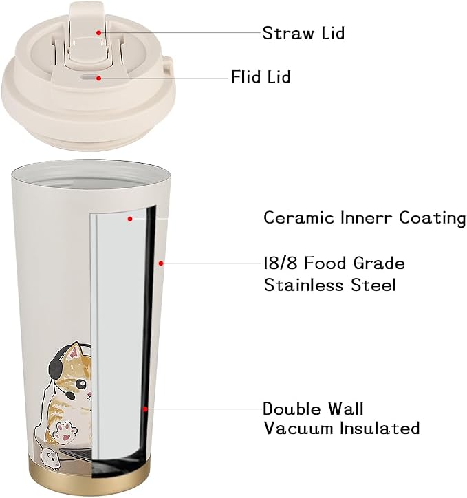 Funkrin Coffee Travel Mug with Flip Lid, 16oz Insulated Tumbler Cup with Ceramic Coating, Double Wall Vacuum Leak-Proof Tumbler for Office School Party Camping