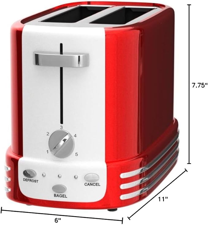 Nostalgia New and Improved Wide 2-Slice Toaster Perfect For Bread, English Muffins, Bagels, 5 Browning Levels, With Crumb Tray & Cord Storage, Retro Red