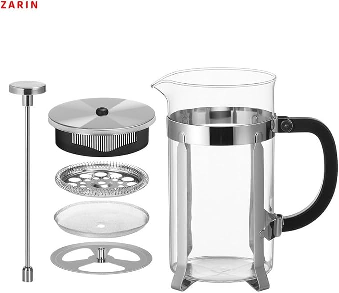 ZARIN 34oz (1L) French Press Coffee & Tea Maker โ Borosilicate Glass & Stainless Steel Coffee Brewer with 2 Bonus Filters โ Portable Cold Brew & Tea Press, silver color