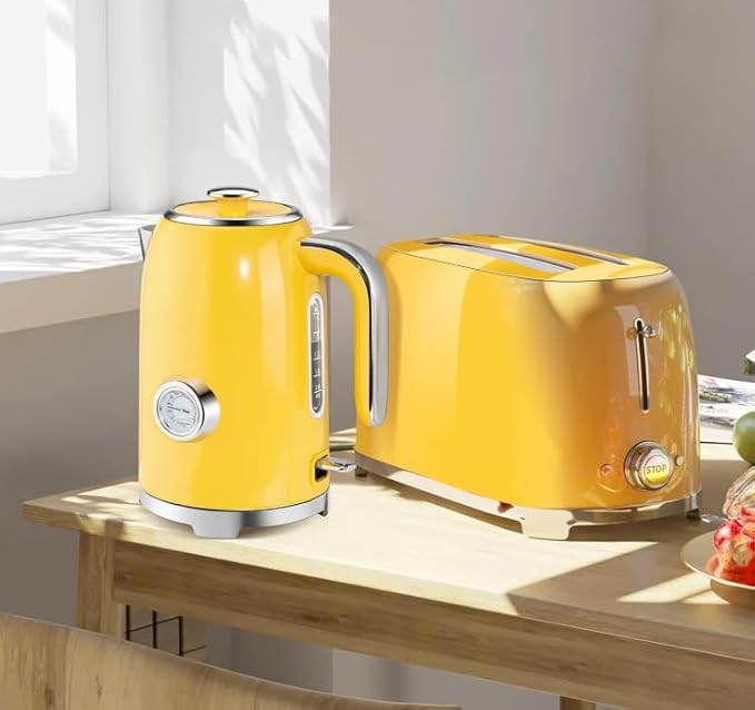 SUSTEAS 57oz Electric Kettle with Thermometer, Hot Water Pot, Retro Yellow | Electric Tea Kettle for Boiling Water, 1500W Stainless Steel Pot, Cordless LED Indicator, Auto Shut-Off & Boil Dry Protection