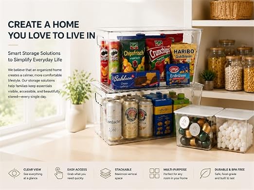 4PCS Home Organization Storage Set, 2 Front Access Clear Storage Bins & 2 Airtight Containers, Stackable for Snacks, Trash Bags, Coffee Pods, Seasonings, Cleaning Supplies, Pantry Under Sink
