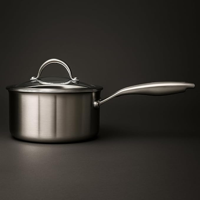 Stainless Steel Small Brushed Saucepan With Lid, Induction Cooking Sauce Pot Pans, 18/10 Tri-Ply Heavy Bottom Saucier Cookware, Dishwasher Safe & Oven Safe (1.5QT)