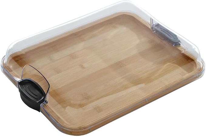Farberware Bamboo Cutting Board with Clear Locking Lid, 11x14 Inch Charcuterie Board with Handles - Reversible Serving Board for Cheese, Meats, Snacks and More