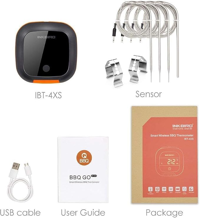 INKBIRD Bluetooth Digital Wireless Food Meat Thermometer IBT-4XS, 4 Probes | 150FT Rechargeable BBQ Cooking Kitchen Food Meat Thermometer, LED Backlit Timer Alarm Magnet, Grill BBQ Smoker Oven Drum