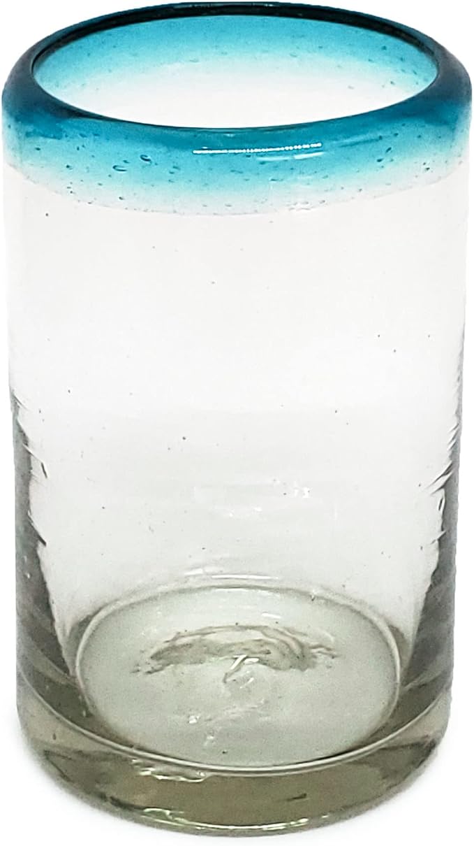 Aqua Blue Rim 9 oz Juice Glasses (set of 6) Mexican Handmade Glassware, Recycled Glass, Lead-free, Toxin-Free (Juice)