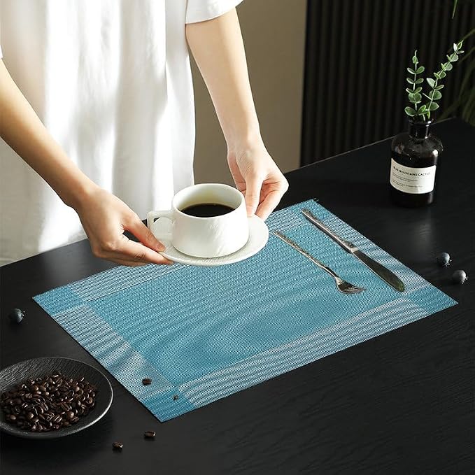 Vinyl Placemats Heat-Resistant Table Mats Washable Easy Clean Plastic Placemat for Kitchen Dining Table Set of 8 Indoor Outdoor (Baby Blue)
