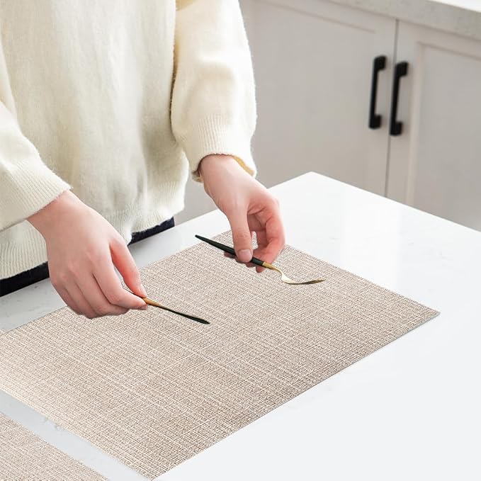 PIGCHCY Beige Placemats Set of 4 Vinyl PVC Durable Place Mats for Dining Table,Heat Resistant Non-Slip Woven Tabel Mats (18x12 inches, Beige)