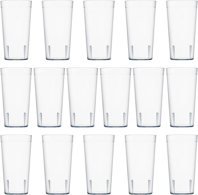 US Acrylic Cafe Plastic Reusable Tumblers (Set of 16) 20-ounce Water Cups in Clear | Value Set of Restaurant Style Drinking Glasses, Stackable, BPA-free, Made in the USA | Top-rack Dishwasher Safe