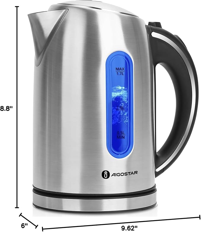 Aigostar Electric Kettle Stainless Steel, 1.7 Liter, Sliver | Cordless Tea Kettle, 1100W Hot Water Kettle with Auto Shut-Off, BPA-Free