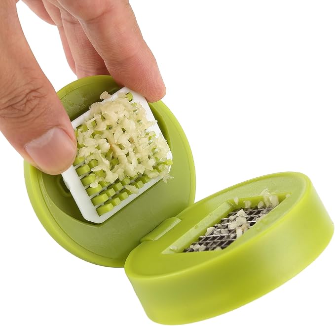 2PCS Garlic Presses and Chopper with Container | Stainless Steel Blades, Manual Mincer Cutter Grinder, with 2PCS mini Brushes - Suitable for Home and Camping – (Green)