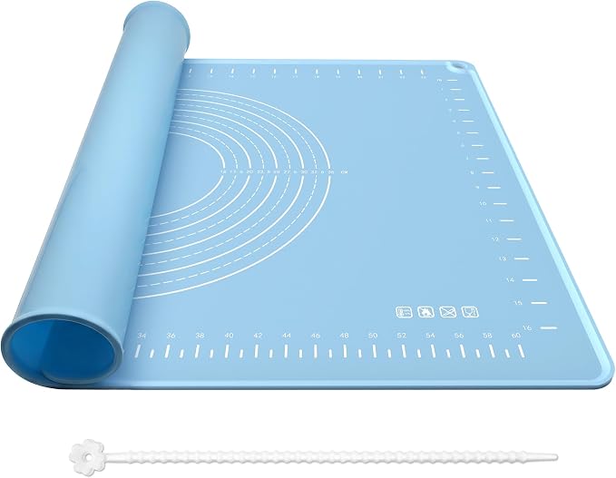28x20 Silicone Rolling Mat Non-Stick Food Grade Baking Mat w/Measurements | Non-slip edges, heatproof silicone, nonstick, measuring guides, oven/dishwasher safe, tearproof, easy clean.
