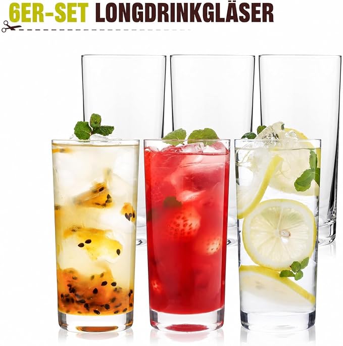 Highball Glasses Set of 6, 16oz Tall Drinking Glasses, Water Glass for Kitchen, Tom Collins Glasses, Mojito Glass Cups, Cocktail Glasses for Bar Glassware