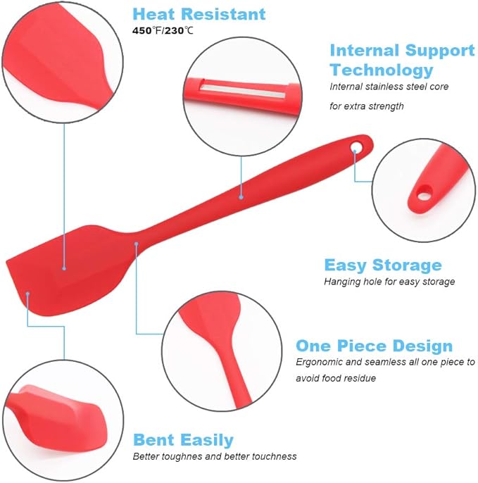 3-Piece Silicone Spatula Set, 600°F Heat Resistant, Red | Stainless Steel Core, Silicone Rubber Spatulas for Nonstick Pans, Spatula, Spoonula and Mini Spatula for Cooking and Baking