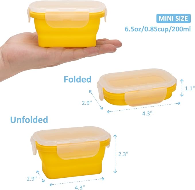 Collapsible Food Storage Containers with Lids, Small Silicone Snack Containers, Stackable Portion Control Containers, Mini Fridge Organizer, Microwave Freezer Dishwasher Safe, 6.5oz, 6 Pack