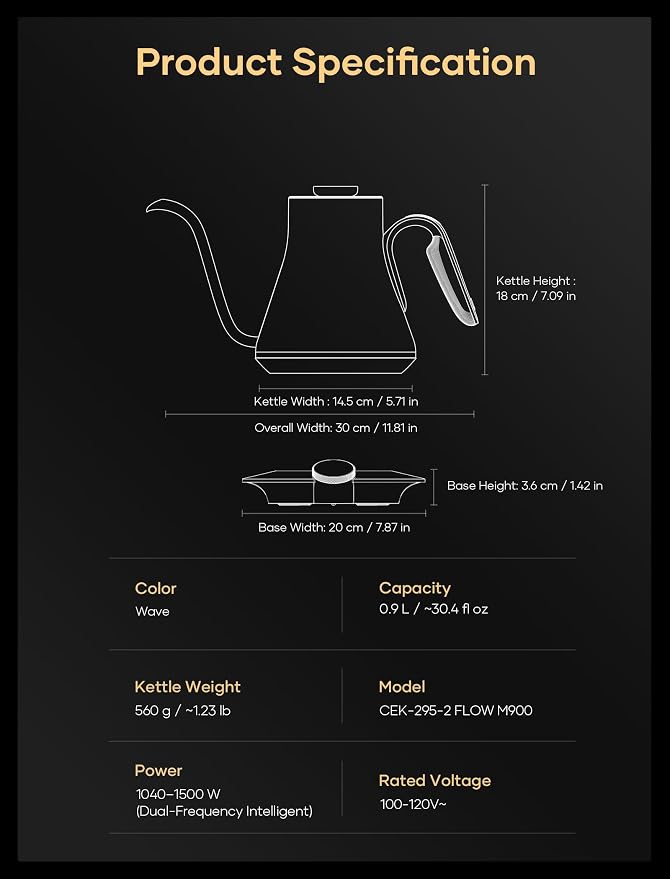 Cocinare Artisan Collection Gooseneck Electric Kettle, ±0.5°F Temperature Control for Pour Over Coffee & Tea, 1500W Quick Heating, Stainless Steel Interior, 0.9L, Wave Design