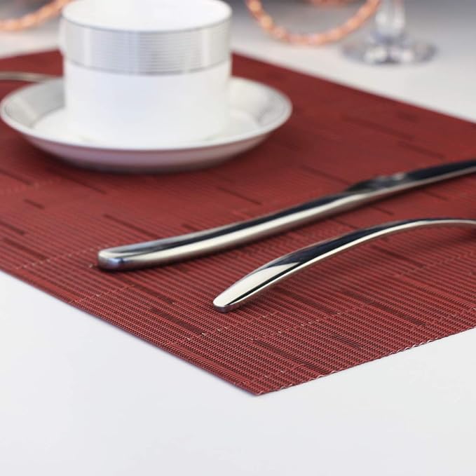 Plastic Placemats,Non Slip Washable Placemats for Dining Table Wipe Clean Table Mats Set of 6 (Burgundy Red)