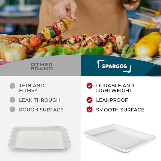 SPARGOS 14 Inch Disposable Food Trays, 100 Pack Crawfish and BBQ | 100 heavy duty 14-inch paper trays, compostable. For crawfish and seafood boil, lobster, crab, BBQ and holiday feasts.