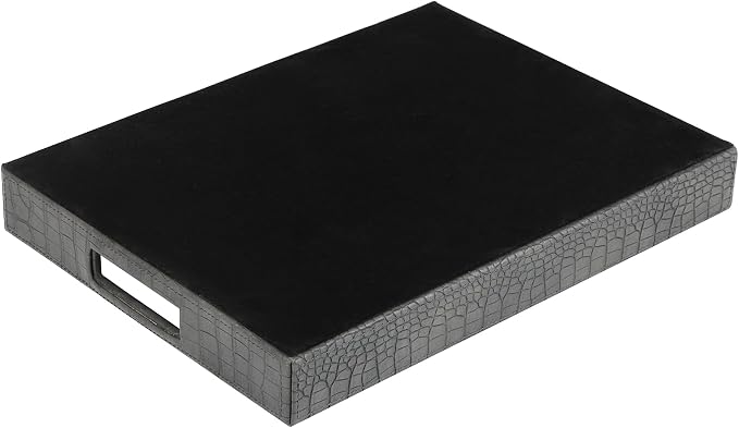 HofferRuffer Rectangle Serving Tray with Hole Handles for Coffee Table, Breakfast, Tea, Food, Butler - Countertop, Kitchen, Vanity Serve Tray, 16.2 x 12.2 x 2 inches, Faux Leather Tray (Dark Grey)