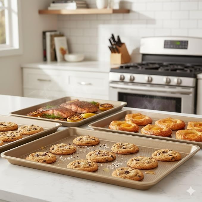 4 Piece Baking Set | 3 Baking Sheets & 1 Recipe Notebook | Nonstick Cookie Sheets for Baking Supplies | No Rust & No Toxic | Half Pan & Jelly Roll Pan & Quarter Sheet & Blank Recipe Book Combo