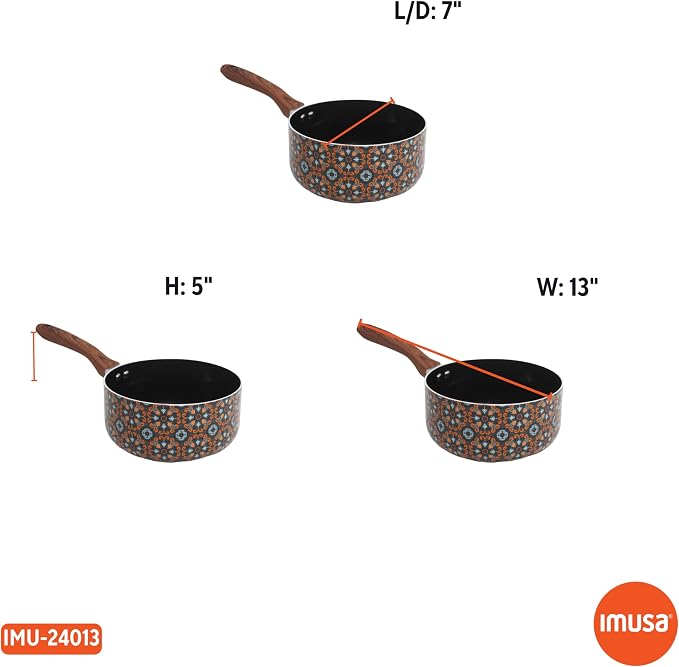 IMUSA 2 Qt Talavera Aluminum Black Ceramic Saucepan with Woodlook Handle | Black Ceramic Nonstick Coating, Woodlook Cool-Touch Handle, Ideal for Mexican Dishes and Sauces, Great for Everyday Meals
