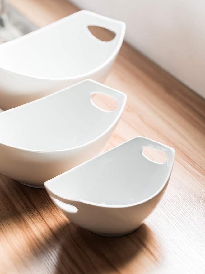 LAUCHUH Serving Bowls with Handles, Porcelain Serving Dishes Nesting Bowls | Mixing Bowls Set Salad Bowls for Entertaining, Thanksgiving, Baby Shower, Party, Set of 3, Microwave Safe, 15/28/49 oz, White