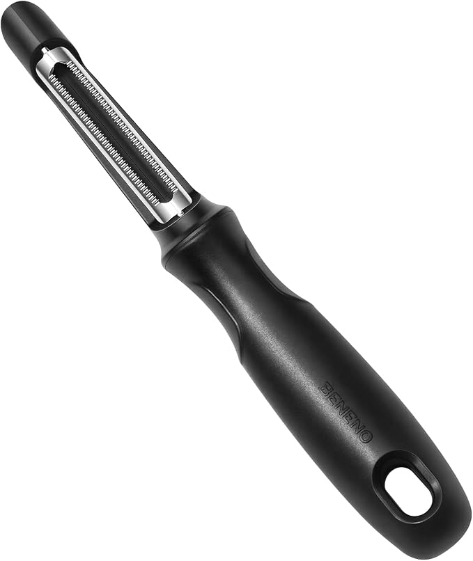 Beneno Stainless Steel Serrated Swivel Tomato Peeler | Sharp Serrated Blade for Effortless Peeling Soft-Skinned Fruits and Vegetables, Soft Grip Handle, Dishwasher Safe, Black