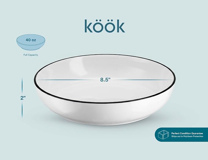 KooK Pasta Bowl, For Soups and Salads, Serving Bowls, Large Capacity, Microwave & Dishwasher Safe, Set of 4, 40 oz, (French)
