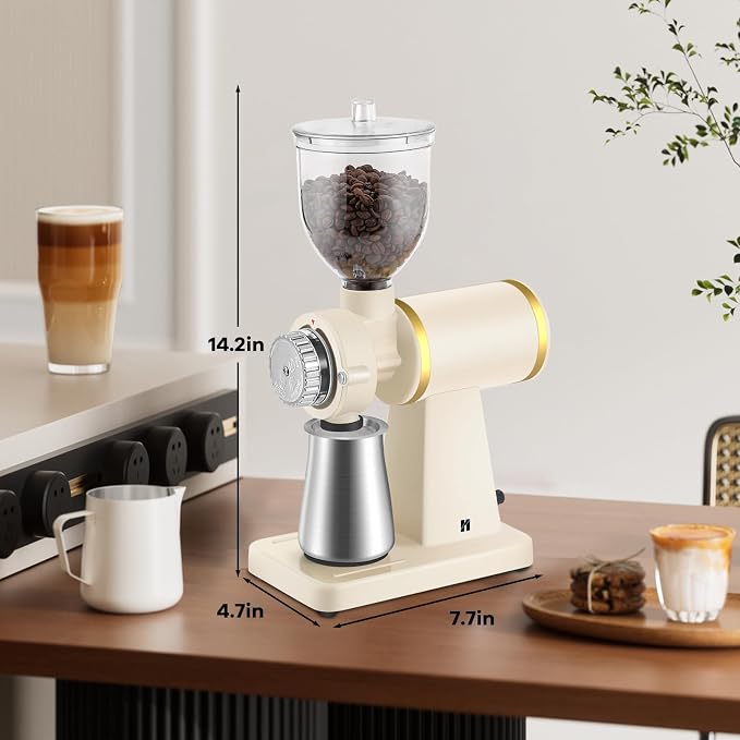 Huanyu 60mm Flat Burr Coffee Grinder, Retro Cream White for Home Cafe | Stainless steel burr, 8 precision grind settings, 250g hopper, magnetic anti-splash outlet, sifting cup, for home cafe, 200w
