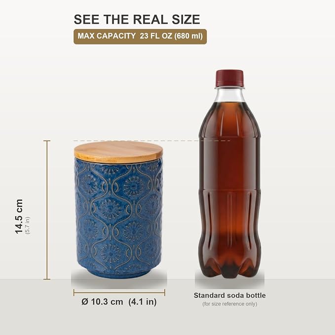 TEATALK Embossed Ceramic Canister, Stylish Airtight Storage for Kitchen, Coffee, Tea, Sugar, 23 Fl Oz, Darkblue