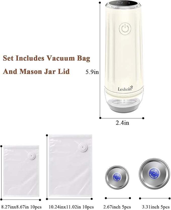 Leshein Compact Vacuum Sealer for Food, Portable Mason Jar Vacuum Sealer | With Bags And Mason Lids, Built-in UV Light, Auto Stop, Quick Sealing Speed, Smart Display, Easy to Clean, Long Lasting