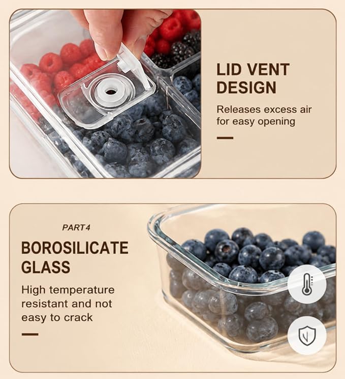 4 Pack Glass Berry storage containers for fridge with Removable Colander and Vent Valve, Fresh fruit Produce Storage Set(white)