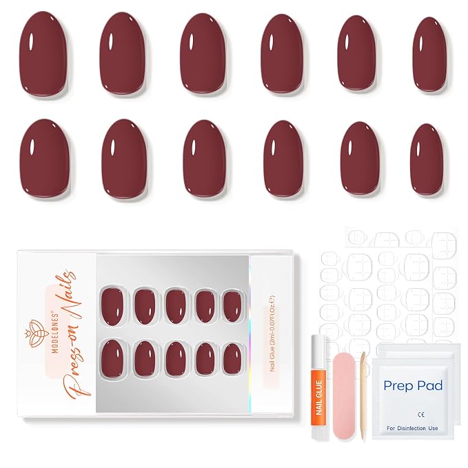 modelones Rosewood Short Press on Nails, Oval Fake Nails Kit | Press Ons with Nail Glue, Adhesive Tabs, Nail File, Prep Pad, Manicure Stick, 32Pcs 16 Sizes, Summer Women Girl Gift