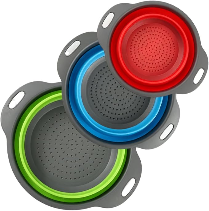 Collapsible Colander Set, 3 Pack Silicone Kitchen Strainer Set, Space Saving Design, Small Round Colander Baskets for Draining Pasta, Vegetable and fruit, (3Qt+4Qt+5Qt)