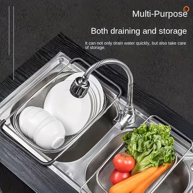 NikLye Stainless Steel Over the Sink Colander Basket with Expandable Handles, 6 Quart Fine Mesh Strainer for Pasta, Vegetables and Rice