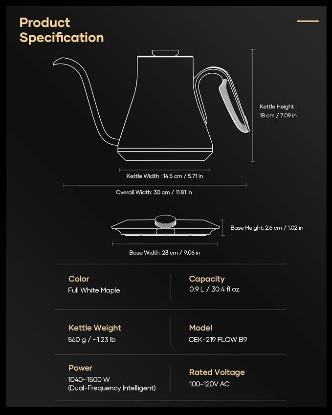 Cocinare Gooseneck Electric Kettle, ±1°F Precise Temperature Control, 1500W Fast Heating, Pour Over Coffee & Tea Kettle with Brew Timer & Keep Warm, Stainless Steel, 0.9L (White Maple)