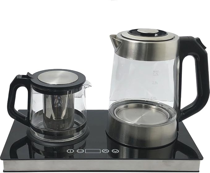 Middle Eastern Persian Iranian Russian Arab Turkish Style Electric Cordless Tea Maker Samovar Stainless Steel Glass Double Kettle Smart Keep Warm Tray Plate (Modern)