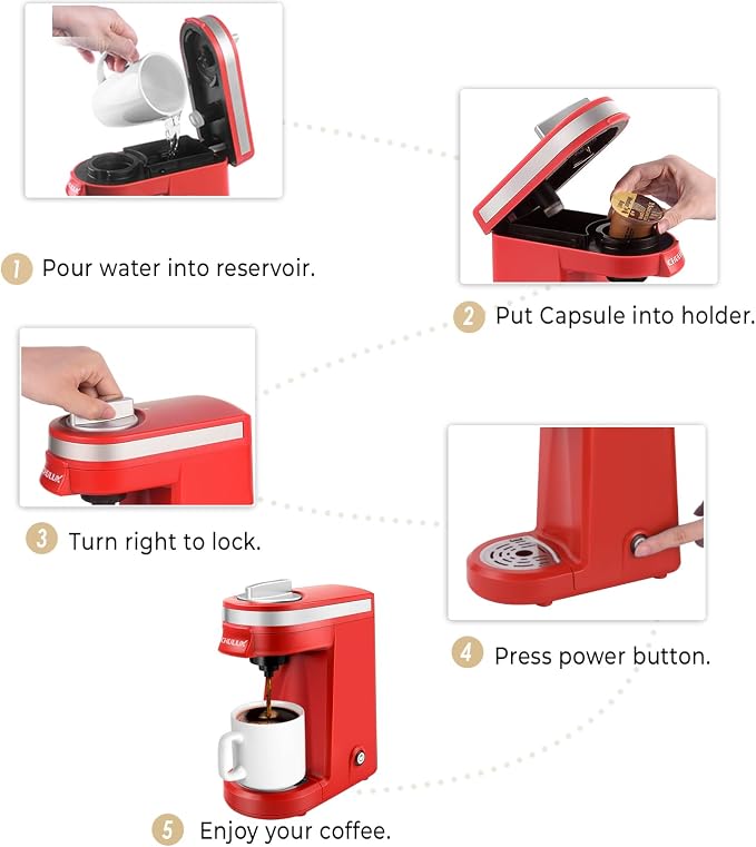 CHULUX Mini Single Cup Coffee Maker for K Pod, Perfect for Small Space, Red | Fast-Heating Boiler System, Single Cup Brewing, Portable Compact Design, Four-Hole Multi-Stream Needle, Adjustable Drip Tray