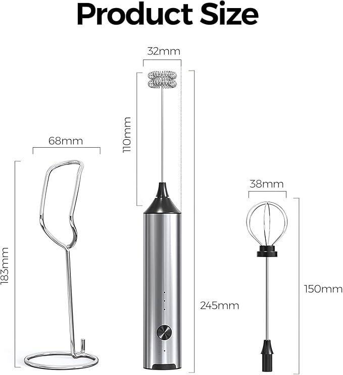 YARRAMATE Rechargeable Milk Frother, 3-Speed Electric Mixer with Stand | Frother Wand with 2 Stainless Steel Whisks, Handheld Drink Mixer for Latte, Cappuccino, Matcha, Coffee and Protein Drinks