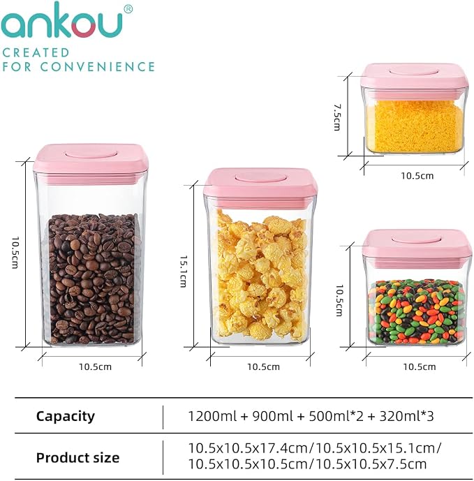 Airtight Food Storage Container - 7 Pcs One Button Handy Container Stackable Food Containers for Snacks Candy Salt Herbs Spices Coffee Bean Formula Popcorn BPA-Free Tight Seal