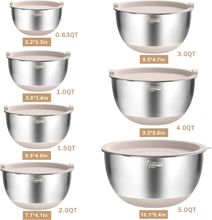 Wildone Mixing Bowls with Airtight Lids, Stainless Steel Nesting Bowls Set | Metal Bowls with 3 Grater Attachments, Non-Slip Bottom, Size 5, 4, 3, 2, 1.5, 1, 0.63QT, Include Utensil Set for Prep, Khaki