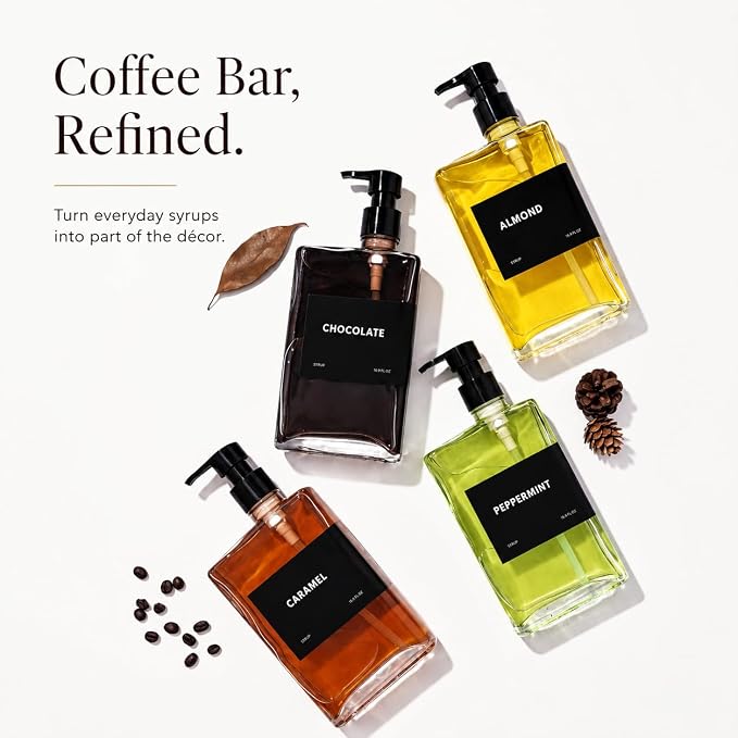 Glass Coffee Syrup Dispensers with Pumps, Syrup Bottles with Label Set - Essential Coffee Bar Accessories, 11.8 oz/350ml