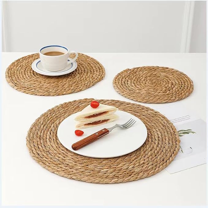 Handmade Heat Resistant 13.8" Round Woven Placemats Set of 12, Wicker Boho No Chemical Natural Water Hyacinth Place Mats, Farmhouse Table Mats for Kitchen Dining Table,Home Decorations,Wedding