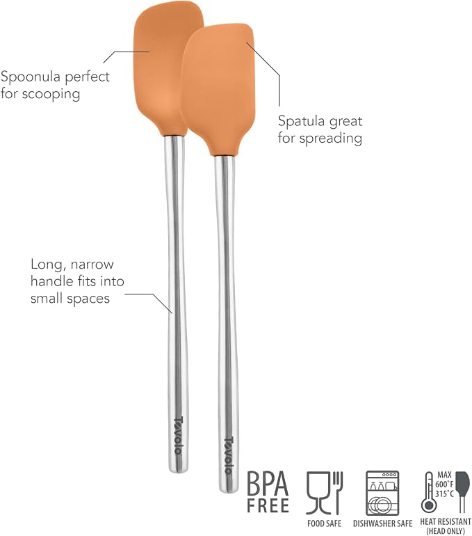 Tovolo Flex Core Silicone Spatula Spoonula Set of 2 for Non Stick Cast Iron Cooking & Baking, Dishwasher Safe Heat Resistant BPA Free Long Stainless Steel Handle Kitchen Utensil, Apricot Orange