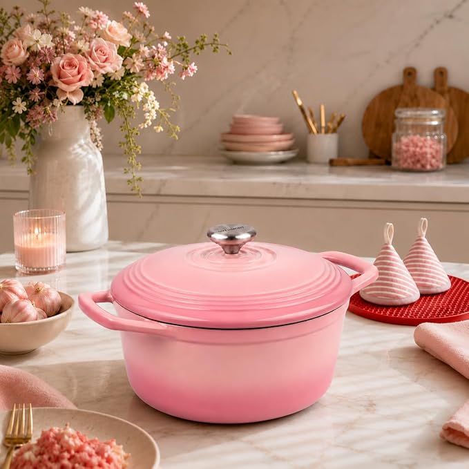 Overmont Enameled Cast Iron Dutch Oven - 5.5QT Pot with Wide Handles Lid Cookbook & Cotton Potholders - Heavy-Duty Pre-Seasoned Cookware Oven Safe to 500°F for Braising, Stews, Roasting, Sourdough Baking
