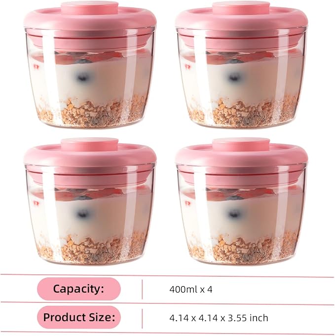 400ml Meal Prep Container Set of 4 Pink Tritan Plastic Food Storage Containers with Lids, Airtight Leakproof Pop Top Lid Bowl for Breakfast Leftovers