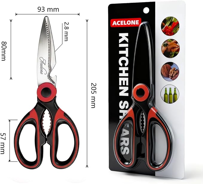 Kitchen Shears, Acelone Premium Heavy Duty Shears Ultra Sharp Stainless Steel Multi-function Kitchen Scissors for Chicken/Poultry/Fish/Meat/Vegetables/Herbs/BBQ… (Red black)