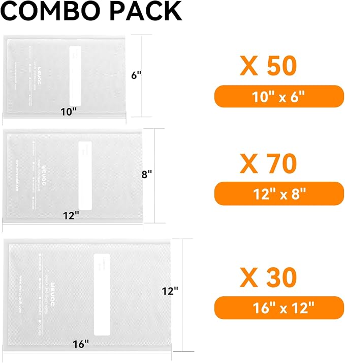 Wevac Vacuum Sealer Bags,150Pcs Gallon 11"x16", Quart 8"x12", Pint 6"x10" | BPA Free, Great Assortment of Sizes, Commercial Grade PreCut Bag, Freezer bags for vacuum sealer, Meal Prep and Sous Vide