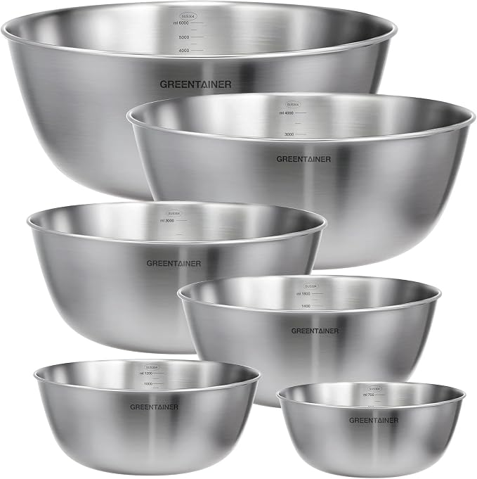 Greentainer Stainless Steel Mixing Bowls Set of 6, Nesting Bowls with Measurement Markings, 7.6 to 0.8 Qt for Baking, Prepping, Cooking and Serving Food, Large Metal Kitchen Bowls Dishwasher Safe