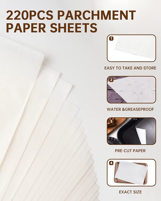 Baklicious 9x13inch 220pcs White Pre-Cut Non-Stick Parchment Baking Sheets | for Air Fryer, Oven, Bakeware, Steaming, Cooking Bread, Cupcake, Meat, Cookies