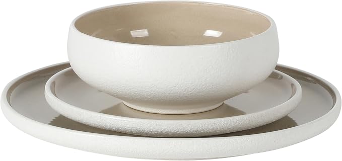 Gibson Elite Pacifco Beach Plates and Bowls Sets, 12-Piece Stoneware Dinnerware Sets, Reactive Glaze Dish Set - Taupe